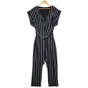 boohoo Women's Black Silver Striped Surplice Tie Waist Jumpsuit 18